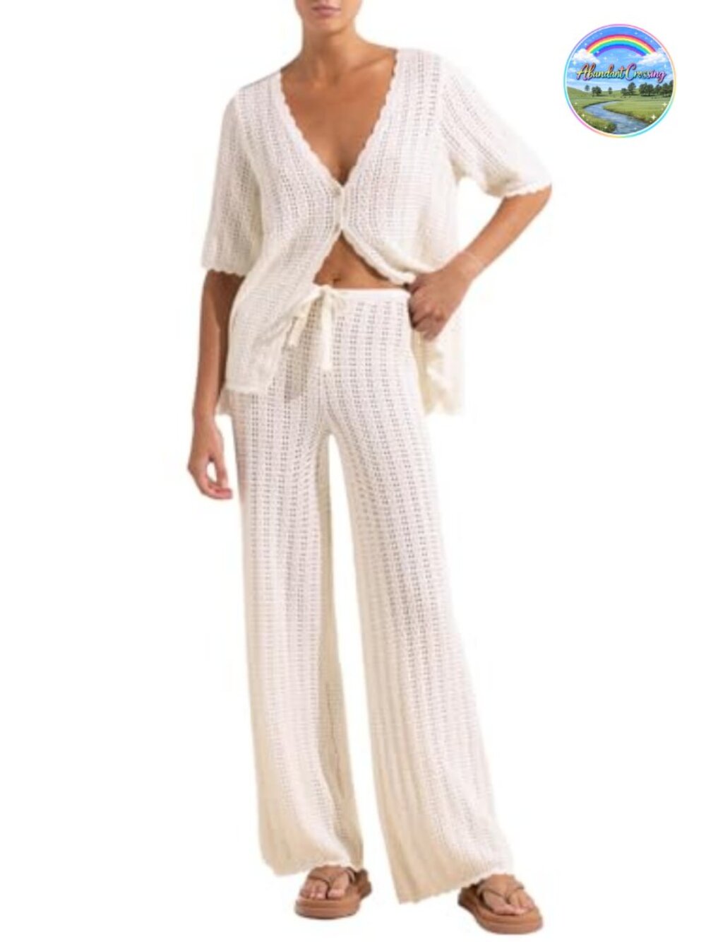 2-Piece Crochet Beach Cover-Up Set with Hollow Out Cardigan & Wide Leg Pants